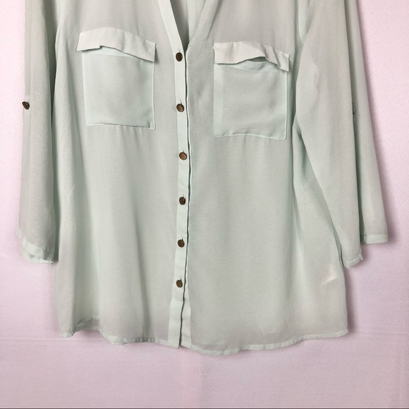 Forever 21 Mint Green Button Down Sheer Professional Long Sleeve Blouse L - Picture 4 of 7